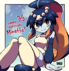 Rule 34 | apron, birthday, blue background, blue eyes, blue skin, blush, border, chichibu (watson), colored sclera, colored skin, fins, fish girl, highres, knees up, looking at viewer, minette (skullgirls), scales, shell hair ornament, sitting, skullgirls, smile, thighhighs, white border, yellow sclera