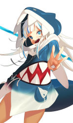 Rule 34 | 1girl, blue eyes, blue hair, cowboy shot, drawstring, fins, fish tail, gawr gura, highres, hololive, hololive english, hood, hood up, karassawa, long hair, looking at viewer, multicolored hair, nail polish, open mouth, shark tail, sharp teeth, simple background, smile, solo, streaked hair, tail, teeth, virtual youtuber, white background