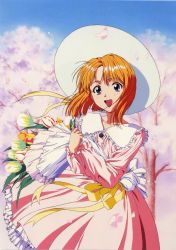 Rule 34 | 1girl, :d, absurdres, blue eyes, blue sky, bouquet, brown hair, cherry blossoms, collarbone, day, dress, floating hair, flower, flower girl (macross 7), hat, highres, holding, holding bouquet, layered dress, long sleeves, macross, macross 7, medium hair, official art, open mouth, outdoors, pink dress, ribbon, scan, sky, smile, solo, sun hat, white hat, yellow flower, yellow ribbon