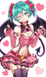 Rule 34 | 1girl, ;d, absurdres, aqua eyes, aqua hair, bare shoulders, belt, black thighhighs, breasts, claw pose, cleavage, collarbone, commentary, cowboy shot, demon tail, demon wings, elbow gloves, fingerless gloves, gloves, hatsune miku, heart, heart background, heart hunter (module), heart in eye, highres, itogari, layered skirt, looking at viewer, midriff, nail polish, navel, one eye closed, open mouth, pink gloves, pink shirt, pink skirt, project diva (series), red nails, shirt, short hair, skirt, small breasts, smile, solo, suspenders, symbol in eye, tail, thighhighs, tongue, tongue out, vocaloid, white background, wings, zettai ryouiki