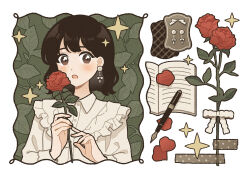 Rule 34 | 1girl, :o, blush, bow, brown eyes, brown hair, buttons, collared shirt, commentary request, dot nose, earrings, fingernails, flower, frilled shirt, frilled sleeves, frills, highres, holding, holding flower, jewelry, leaf, long sleeves, looking at viewer, nahara saki, nib pen (object), notebook, open mouth, original, pen, petals, red flower, red rose, rose, shirt, short hair, simple background, solo, sparkle, split mouth, upper body, white background, white bow, white shirt