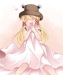 Rule 34 | 1girl, :d, ^ ^, aftersex, bad id, bad pixiv id, blanket, blush, closed eyes, clutching blanket, commentary request, fang, gradient background, hair ornament, hair ribbon, hammer (sunset beach), happy, hat, heart, long hair, moriya suwako, open mouth, ribbon, simple background, sitting, skin fang, smile, solo, strap slip, touhou, x hair ornament