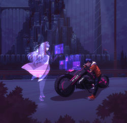 Rule 34 | 1boy, 1girl, absurdres, animal ears, boots, building, cape, cat ears, character request, commentary, cyberpunk, english commentary, highres, hologram, holographic interface, holographic monitor, igor (last-ditch effor), ioruko, jacket, last-ditch effort, long hair, motor vehicle, motorcycle, night, official art, on motorcycle, pixel art, red footwear, red jacket, skyscraper, thigh boots, thighhighs