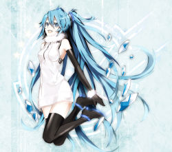 Rule 34 | 1girl, alternate costume, arisaka ako, bad id, bad pixiv id, blue eyes, blue hair, elbow gloves, gloves, hatsune miku, ice, long hair, matching hair/eyes, skirt, smile, solo, thighhighs, twintails, very long hair, vocaloid