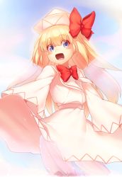 Rule 34 | 1girl, blonde hair, blue eyes, blue sky, blush, bow, dress, eyes visible through hair, fairy wings, hair between eyes, hat, hat bow, kaiza (rider000), lily white, long hair, long sleeves, looking at viewer, open mouth, pants, red bow, red neckwear, sky, smile, solo, standing, touhou, white dress, white hat, white pants, white sleeves, wide sleeves, wings
