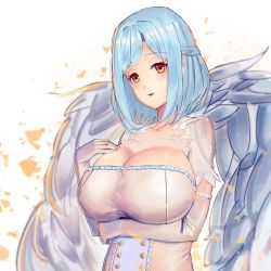 Rule 34 | 1girl, angel wings, bad id, bad twitter id, blue hair, braid, breasts, cleavage, dress, elbow gloves, french braid, gloves, hand on own chest, highres, huge breasts, moira (nijisanji), mole, mole under mouth, nijisanji, orange eyes, simple background, smile, solo, tomofumi, virtual youtuber, white dress, white gloves, wings