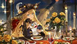 Rule 34 | 1girl, alcohol, artist request, bare shoulders, black headwear, blonde hair, blue dress, blue eyes, candle, commentary request, cup, dress, drinking glass, flower, genshin impact, highres, holden, knife, looking at viewer, navia (genshin impact), plate, reflection, rose, second-party source, smile, solo, wine, wine glass, yellow flower, yellow rose