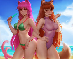 Rule 34 | 2girls, animal ears, beach, bikini, blazblue, blue sky, breasts, brown hair, cat ears, cat tail, closed mouth, cloud, day, deviantart username, fox tail, glasses, holo, kittew, kokonoe (blazblue), locked arms, long hair, looking at viewer, medium breasts, multiple girls, multiple tails, nail polish, navel, ocean, one-piece swimsuit, orange nails, outdoors, pink hair, pink nails, purple one-piece swimsuit, realistic, rectangular eyewear, red eyes, shore, sky, spice and wolf, stomach, sunlight, swimsuit, tail, very long hair, watermark, web address, wolf ears, wolf tail