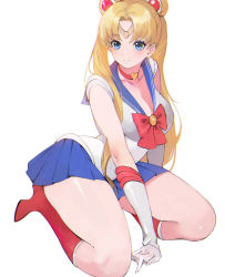 Rule 34 | 1girl, bishoujo senshi sailor moon, bishoujo senshi sailor moon s, blonde hair, blue eyes, blue skirt, bobobong, boots, bow, breasts, choker, cleavage, closed mouth, collarbone, commentary, elbow gloves, full body, gloves, hair ornament, high heels, highres, jewelry, knee boots, looking away, medium breasts, meme, miniskirt, pleated skirt, red footwear, sailor collar, sailor moon, sailor moon redraw challenge (meme), sailor senshi uniform, shiny skin, simple background, sitting, skirt, sleeveless, solo, thighs, tiara, tsukino usagi, twintails, white background, white gloves