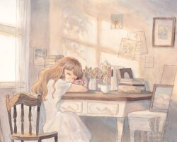 Rule 34 | 1girl, book, book stack, carrie (carriedraw), chair, closed eyes, commentary, cup, desk, dress, dusk, highres, indoors, light brown hair, long hair, original, paintbrush, sitting, sleeping, solo, twilight, white dress, window, window shadow