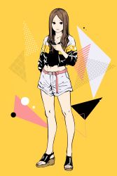Rule 34 | 1girl, absurdres, belt, brown eyes, brown hair, full body, highres, long hair, long sleeves, looking at viewer, midriff, miyoshi yoshimi, original, parted lips, pink belt, shorts, solo, standing, toeless footwear, triangle, white shorts
