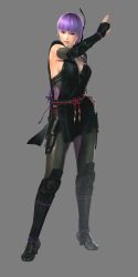 Rule 34 | 1girl, 3d, absurdres, arm guards, ayane (doa), breasts, city, cleavage, dead or alive, dead or alive 5, elbow gloves, female focus, full body, gloves, headband, highres, jika-tabi, kunai, large breasts, ninja, official art, purple hair, red eyes, short hair, simple background, solo, split-toe footwear, sweat, tecmo, vest, weapon