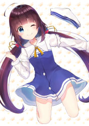 Rule 34 | 10s, 1girl, ;), ahoge, beret, blue dress, blue eyes, blush, brown hair, closed mouth, commentary request, dress, dutch angle, full body, hair ribbon, hand up, hat, hat ribbon, highres, hinatsuru ai, layered sleeves, long hair, long sleeves, looking at viewer, low twintails, one eye closed, outstretched arm, puffy short sleeves, puffy sleeves, ribbon, ryuuou no oshigoto!, school uniform, shiarisu, short over long sleeves, short sleeves, smile, solo, twintails, very long hair, white background, white hat, yellow ribbon