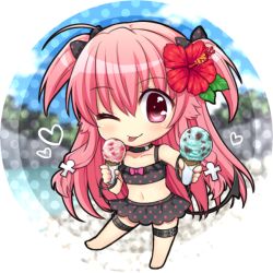 Rule 34 | 1girl, ;p, angel beats!, barefoot, bikini, bikini skirt, black bikini, black bow, black skirt, blurry, blurry background, bow, chibi, choker, collarbone, flat chest, flower, food, full body, hair between eyes, hair bow, heart, hibiscus, holding, holding food, ice cream, long hair, nakamura hinato, one eye closed, pink hair, polka dot, polka dot background, polka dot bikini, polka dot bow, polka dot skirt, red bow, red eyes, red hair, round image, skirt, solo, standing, standing on one leg, swimsuit, thigh strap, tongue, tongue out, two side up, very long hair, white background, yui (angel beats!)