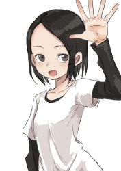 Rule 34 | 1girl, absurdres, black hair, brown eyes, collarbone, eyebrows, forehead, highres, layered sleeves, long sleeves, looking at viewer, open hand, open mouth, shirt, short hair, short over long sleeves, short sleeves, solo, undershirt, upper body, waving, white background, white shirt, yamamoto souichirou