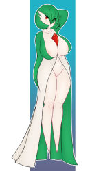 Rule 34 | 1girl, areola slip, arm at side, arm behind head, arm up, babyserval, blue background, blush, bob cut, breasts, closed mouth, collarbone, colored skin, creatures (company), eyes visible through hair, female focus, floating, full body, game freak, gardevoir, gen 3 pokemon, gradient background, green hair, green skin, groin, hair over one eye, happy, highres, large breasts, legs, legs together, light blush, looking at viewer, multicolored skin, navel, nintendo, outline, pokemon, pokemon (creature), red eyes, short hair, smile, solo, stomach, two-tone skin, white outline, white skin, wide hips