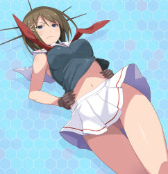 Rule 34 | 10s, 1girl, black gloves, blue eyes, breasts, brown hair, commentary request, from below, frown, gloves, hair ornament, hairclip, hands on own hips, headgear, kantai collection, legs, looking at viewer, maruto!, maya (kancolle), medium breasts, miniskirt, navel, no panties, pleated skirt, school uniform, serafuku, short hair, skirt, sleeveless, solo, sweat, thighs, upskirt, white skirt, x hair ornament