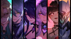 Rule 34 | 1other, 2boys, 3girls, :d, acheron (honkai: star rail), aventurine (honkai: star rail), bare shoulders, bell, black choker, black swan (honkai: star rail), blonde hair, blue pupils, blue shirt, bow, brown hair, choker, closed mouth, collared shirt, column lineup, criss-cross halter, facing viewer, fox mask, grey hair, grin, hair bow, hair over one eye, halterneck, helmet, highres, honkai: star rail, honkai (series), long hair, looking at viewer, mask, multiple boys, multiple girls, neck bell, o-ring, ojo aa, one eye covered, open mouth, parted bangs, pink eyes, portrait, purple eyes, purple hair, red bow, red eyes, sam (honkai: star rail), shirt, smile, sparkle (honkai: star rail), straight-on, sunday (honkai: star rail), teeth, upper teeth only, watermark, yellow eyes
