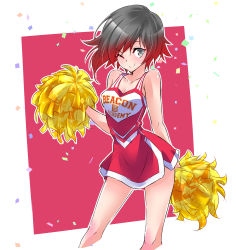 Rule 34 | 1girl, alternate costume, bare shoulders, black hair, breasts, cheerleader, cleavage, clothes writing, commentary request, confetti, contrapposto, cropped legs, dress, english text, glitter, gradient hair, grey eyes, highres, holding, holding pom poms, iesupa, legs, medium breasts, multicolored hair, one eye closed, pom pom (cheerleading), pom poms, red hair, ruby rose, rwby, short dress, short hair, sleeveless, smile, solo, standing, thighs, two-tone hair