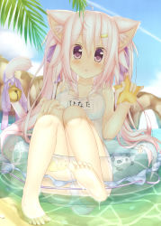 Rule 34 | 1girl, :o, absurdres, animal ears, bad id, bad nicoseiga id, bare legs, bare shoulders, barefoot, beach, bell, blush, cat ears, cat tail, cloud, day, feet, highres, holding, innertube, jingle bell, long hair, looking at viewer, name tag, natsume hinata, ocean, one-piece swimsuit, original, outdoors, pink eyes, pink hair, ribbon, school swimsuit, sky, soles, solo, starfish, swim ring, swimsuit, tail, tail bell, tail ornament, tail ribbon, toes, twintails, very long hair, wataru (zazazazazazawa), water, white one-piece swimsuit, white school swimsuit, wide-eyed