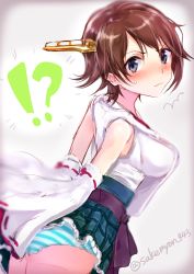 Rule 34 | !?, 10s, 1girl, ^^^, artist name, bare shoulders, blue eyes, blush, breasts, brown hair, commentary request, covering ass, covering privates, detached sleeves, headgear, hiei (kancolle), highres, japanese clothes, kantai collection, large breasts, looking at viewer, nontraditional miko, panties, pantyshot, short hair, solo, striped clothes, striped panties, sukemyon, sweatdrop, twitter username, underwear