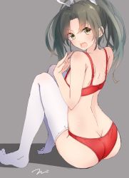 Rule 34 | 10s, 1girl, ass, bare shoulders, bra, butt crack, eyebrows, from behind, green eyes, green hair, grey background, hair ribbon, highres, kantai collection, long hair, looking at viewer, looking back, matching hair/eyes, panties, red bra, red panties, ribbon, simple background, sitting, solo, tearing up, tebi (tbd11), thighhighs, twintails, underwear, white ribbon, white thighhighs, zuikaku (kancolle)