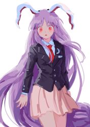 Rule 34 | 1girl, animal ears, black jacket, blazer, blush, buttoned cuffs, buttons, collared shirt, cowboy shot, crescent, crescent pin, highres, himuhino, jacket, long hair, long sleeves, necktie, open mouth, pink skirt, pleated skirt, purple hair, rabbit ears, red eyes, red necktie, reisen udongein inaba, shirt, simple background, skirt, solo, touhou, white background, white shirt