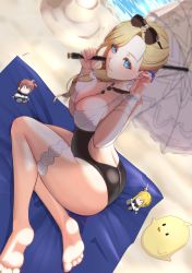 Rule 34 | 1girl, ass, azur lane, beach, black one-piece swimsuit, blonde hair, blue eyes, breasts, cafenami, casual one-piece swimsuit, character doll, cleavage, dutch angle, eyewear on head, frilled umbrella, frills, from above, hair over shoulder, highres, holding, holding umbrella, hood (azur lane), hood (lady of the shining sun) (azur lane), jewelry, large breasts, looking at viewer, looking up, manjuu (azur lane), monokini, multicolored clothes, multicolored swimsuit, necklace, ocean, one-piece swimsuit, outdoors, renown (azur lane), repulse (azur lane), sand, solo, swimsuit, umbrella, water, white one-piece swimsuit, white umbrella