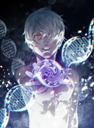 Rule 34 | 1boy, akakokko (niro azarashi), birdmen, crazy smile, dna, hair over one eye, looking at viewer, open mouth, outstretched hand, red eyes, short hair, smile, topless male