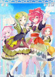 Rule 34 | 4girls, black vest, bow, clover hair ornament, copyright request, dress, green dress, green eyes, green hair, hair bow, hair ornament, hands up, highres, holding, holding microphone, idol, indoors, long hair, microphone, multiple girls, official art, open mouth, orange bow, pantyhose, parted bangs, pink bow, pink legwear, red bow, red eyes, red hair, see-through, socks, stage, standing, striped clothes, striped legwear, striped pantyhose, thighhighs, v, vertical-striped clothes, vertical-striped pantyhose, vesper (pixiv3568), vest, white legwear, wristband, yellow legwear