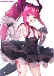 Rule 34 | 1girl, alternate hairstyle, asymmetrical horns, black dress, breasts, circle skirt, colored eyelashes, commentary request, curled horns, detached sleeves, dragon horns, dragon tail, dress, elizabeth bathory (fate), elizabeth bathory (fate/extra ccc), elizabeth bathory (first ascension) (fate), fang, fate/extra, fate/extra ccc, fate/grand order, fate (series), horns, long hair, looking at viewer, loose bikini, open mouth, pink hair, pointy ears, ponytail, revealing clothes, see-through, short dress, sideboob, sidelocks, simple background, small breasts, smug, solo, standing, suzuho hotaru, tail, twitter username, uneven horns, very long hair, white background