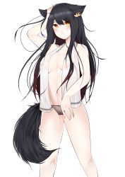 Rule 34 | 1girl, absurdres, animal ears, arknights, black hair, black panties, blush, breasts, cleavage, commentary, dated commentary, ear piercing, feet out of frame, female focus, gradient hair, hand on own head, highres, large breasts, looking at viewer, multicolored hair, no bra, panties, piercing, red eyes, red hair, samip, simple background, slit pupils, solo, standing, tail, texas (arknights), towel, towel around neck, underwear, white background, wolf ears, wolf girl, wolf tail