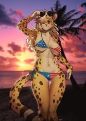 Rule 34 | 1girl, absurdres, american flag bikini, american flag print, animal ears, armpits, artist name, beach, bikini, bikini pull, blonde hair, blurry, blurry background, body fur, breasts, clothes pull, commission, feet out of frame, flag print, furry, furry female, gluteal fold, hair over one eye, highres, large breasts, leopard ears, leopard girl, leopard tail, looking at viewer, navel, original, outdoors, pgm300, photo background, print bikini, pulling own clothes, purple eyes, sky, smile, solo, spotted fur, sun, sunglasses, sunset, swimsuit, tail, toned, tree, watermark, yellow fur