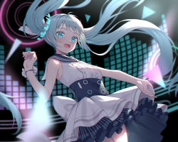 Rule 34 | 1girl, :d, alexmaster, audio visualizer, bare arms, bare shoulders, black sailor collar, blue archive, blue eyes, blue hair, breasts, center frills, commentary request, floating hair, frills, hatsune miku, highres, layered skirt, long hair, looking at viewer, open mouth, pleated skirt, sailor collar, shirt, skirt, sleeveless, sleeveless shirt, small breasts, smile, solo, twintails, very long hair, vocaloid, white shirt, white skirt