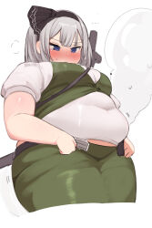 Rule 34 | ..., 1girl, belt, black hairband, blue eyes, blunt bangs, blush, breasts, buttons, cleavage, clenched hands, closed mouth, commentary request, covered navel, cowboy shot, dot nose, fat, green skirt, green vest, grey hair, hairband, highres, konpaku youmu, konpaku youmu (ghost), large breasts, medium hair, nimo (b45ui), no pupils, obese, open belt, shirt, short sleeves, simple background, skirt, solo, sweat, thick arms, thick thighs, thighs, touhou, tsurime, vest, white background, white shirt