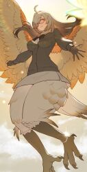 Rule 34 | 1girl, absurdres, ahoge, animal hands, anklet, bird legs, breasts, brown feathers, commentary request, feathered wings, feathers, glasses, gradient wings, hair intakes, hair over one eye, harpy, highres, jewelry, large breasts, long hair, monster girl, multicolored wings, neck fur, orange feathers, red-framed eyewear, smile, solo, talons, tokyo houkago summoners, tyou, white feathers, wings, yellow feathers, ziz (housamo)