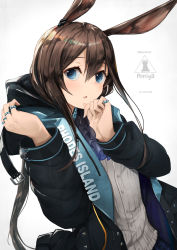 Rule 34 | 1girl, amiya (arknights), animal ears, arknights, artist name, ascot, black jacket, blue ascot, blue eyes, blue skirt, brown hair, buttons, character name, commentary request, copyright name, hair between eyes, highres, hood, hood down, jacket, jewelry, long hair, looking at viewer, mishima hiroji, multiple rings, open mouth, plaid, plaid skirt, ponytail, rabbit ears, revision, rhodes island logo (arknights), ring, shirt, simple background, skirt, solo, upper body, white background, white shirt