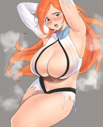 1girl armpits arms_up bleach blush breasts cleavage collar cowboy_shot detached_sleeves embarrassed floating_hair grey_background highres inoue_orihime large_breasts long_hair looking_at_viewer navel open_mouth orange_eyes orange_hair simple_background single_detached_sleeve solo steam steaming_body stomach sweat thick_thighs thighs torn_clothes yotamono