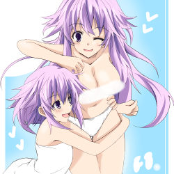 Rule 34 | 2girls, :d, ;d, adult neptune, arm up, arms around waist, bare arms, bare legs, bare shoulders, blush, breasts, censored, censored nipples, cleavage, collarbone, female focus, flat chest, fujishima tsubasa, hair between eyes, happy, heart, hug, large breasts, legs, light purple hair, long hair, looking at another, multiple girls, naked towel, navel, neptune (neptunia), neptune (series), one eye closed, open mouth, panties, pointless censoring, purple eyes, short hair, smile, standing, towel, transparent censoring, underwear, white panties, white towel, wince, yuri
