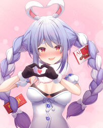 Rule 34 | 1girl, absurdres, animal ear fluff, animal ears, artist name, black gloves, blue hair, blush, bow, braid, breasts, chocolate, coat, commentary request, detached sleeves, don-chan (usada pekora), food-themed hair ornament, fur-trimmed gloves, fur trim, gloves, hair bow, hair ornament, heart, heart hands, highres, hololive, long hair, looking at viewer, medium breasts, multicolored hair, open mouth, orange eyes, puffy detached sleeves, puffy short sleeves, puffy sleeves, rabbit-shaped pupils, rabbit ears, rabbit girl, short eyebrows, short sleeves, sidelocks, solo, suicabar72, symbol-shaped pupils, thick eyebrows, twin braids, twintails, two-tone hair, upper body, usada pekora, usada pekora (1st costume), valentine, virtual youtuber, white bow, white coat, white hair, white sleeves