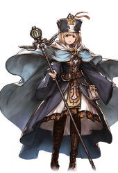 Rule 34 | 10s, 1girl, alpha transparency, blonde hair, bob cut, boots, brown eyes, cape, cleric (granblue fantasy), djeeta (granblue fantasy), dress, full body, granblue fantasy, looking at viewer, minaba hideo, official art, parted lips, solo, staff, transparent background