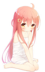 Rule 34 | 1girl, ahoge, ayanepuna, bare arms, bare shoulders, barefoot, between legs, blush, dress, frilled dress, frills, full body, hair between eyes, hair ornament, hand between legs, highres, ii (ayanepuna), long hair, one side up, original, red hair, simple background, sitting, sleeveless, sleeveless dress, solo, very long hair, wariza, white background, white dress