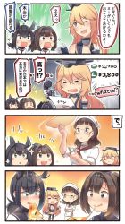 Rule 34 | 10s, 4girls, 4koma, akizuki (kancolle), alternate costume, black hair, blonde hair, blue eyes, bodysuit, brown eyes, brown hair, cheese, cheese trail, chef, collar, comic, commentary request, cooking, crop top, crossed arms, eating, elbow gloves, english text, engrish text, expressive hair, food, food on face, gloves, green eyes, hachimaki, hair flaps, hairband, hand up, hat, hatsuzuki (kancolle), headband, headdress, headgear, highres, holding, holding food, holding menu, holding phone, ido (teketeke), iowa (kancolle), kantai collection, long hair, menu, midriff, miniskirt, multiple girls, navel, neckerchief, one eye closed, open mouth, phone, pizza, ranguage, resized, revision, roma (kancolle), school uniform, serafuku, short hair, sigh, skirt, smile, sparkle, star-shaped pupils, star (symbol), surprised, sweatdrop, symbol-shaped pupils, tears, thighhighs, thumbs up, tossing, translated, upscaled, wide-eyed