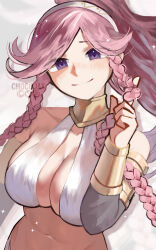 Rule 34 | braid, breasts, chocojax, cleavage, collarbone, dancer, fire emblem, fire emblem awakening, fire emblem heroes, hairband, highres, large breasts, long hair, looking at viewer, navel, nintendo, olivia (fire emblem), pink hair, playing with own hair, purple eyes, simple background, sparkle, twin braids, white background
