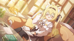 Rule 34 | 1girl, ahoge, animal, animal ear fluff, animal ears, black thighhighs, blonde hair, blush, book, book on lap, bow, brown hairband, brown ribbon, cat, closed eyes, coffee, coffee mug, commission, couch, cup, day, dress, dutch angle, fang, frills, glass table, glasses, hair bow, hair ornament, hairband, hairclip, highres, indoors, jewelry, long hair, long sleeves, medallion, mug, necklace, nib pen (object), on couch, open mouth, original, pen, ribbon, sidelocks, sitting, skeb commission, smile, solo, table, thighhighs, twintails, tyakomes, variant set