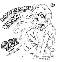 Rule 34 | 1girl, blush, bow, bowtie, c:, character name, closed mouth, collared shirt, cowboy shot, cropped legs, dated, dot nose, english text, floating hair, greyscale, hair bow, halftone, hand on own hip, happy birthday, hatching (texture), heart, karaagetarou, linear hatching, long hair, looking at viewer, love live!, love live! school idol project, minami kotori, miniskirt, monochrome, one side up, open hand, otonokizaka school uniform, parted bangs, petticoat, pleated skirt, school uniform, shirt, shirt tucked in, short sleeves, signature, simple background, single hair ring, skirt, smile, solo, split mouth, tareme, very long hair, white background, wing collar