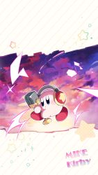 Rule 34 | amedama (akaki 4207), blush, character name, cloud, cloudy sky, commentary request, copy ability, eighth note, headphones, highres, holding, holding microphone, kirby, kirby&#039;s dream land, kirby (series), microphone, mike kirby, musical note, nintendo, no humans, polka dot, shooting star, sky, star (symbol)