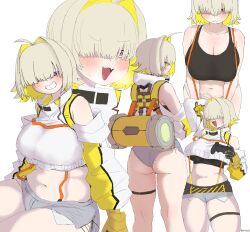 Rule 34 | 1girl, :3, absurdres, ahoge, ass, black gloves, black sports bra, blonde hair, blush, breasts, clothing cutout, collarbone, controller, crop top, cropped sweater, elegg (nikke), exposed pocket, game controller, gloves, goddess of victory: nikke, grey shorts, grin, hair intakes, hair over eyes, highres, holding, holding controller, holding game controller, huge ass, kms2605, large breasts, long bangs, long sleeves, micro shorts, multicolored clothes, multicolored gloves, multicolored hair, multiple views, navel, purple eyes, short hair, short shorts, shorts, shoulder cutout, skindentation, smile, sports bra, suspender shorts, suspenders, sweatdrop, thigh strap, thighs, two-tone hair, wide hips, yellow gloves