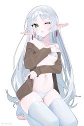 Rule 34 | 1girl, ;o, absurdres, bikini, breasts, brown cardigan, cardigan, collarbone, earrings, elf, frieren, green eyes, highres, jewelry, long hair, long sleeves, navel, one eye closed, open mouth, parted bangs, pointy ears, reiko lape, simple background, small breasts, solo, sousou no frieren, stirrup legwear, swimsuit, thighhighs, thighs, toeless legwear, underboob, very long hair, white background, white bikini, white hair, white thighhighs