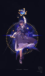 Rule 34 | 1girl, absurdres, animal ears, arknights, arm up, astesia (arknights), bird ears, bird tail, blue background, blue hair, blue skirt, bright pupils, celestial globe, constellation print, contrapposto, full body, gold trim, high heels, highres, holding, holding sword, holding weapon, layered skirt, lilith-lily, long hair, looking at viewer, serious, skirt, solo, star (symbol), sword, tail, weapon, white pupils, white skirt, winged sword